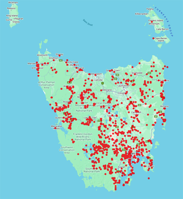 collecting locality Tasmania map for 'Bratt, G.C.'