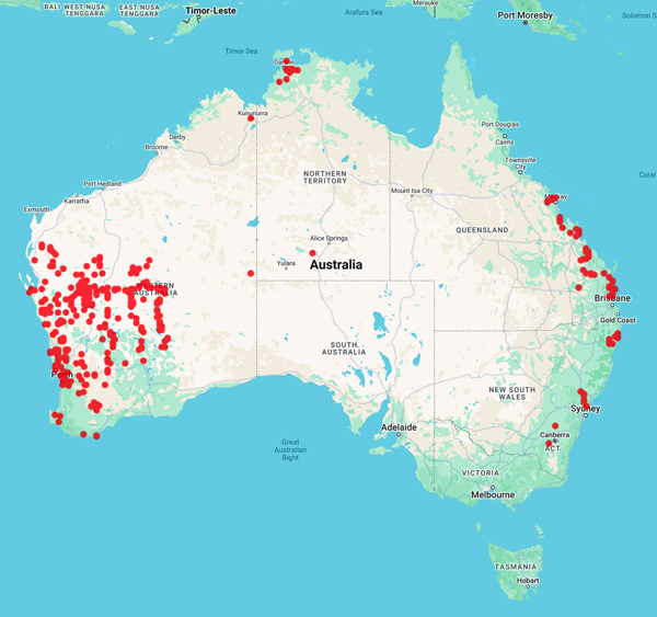 plant collecting locality map for 'Davies, S.J.'