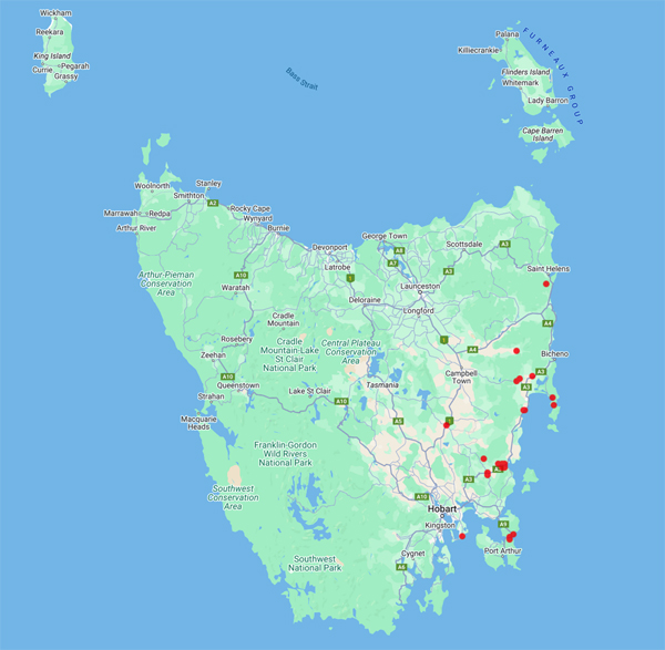 collecting locality  Tasmania map for 'Himson, A.'