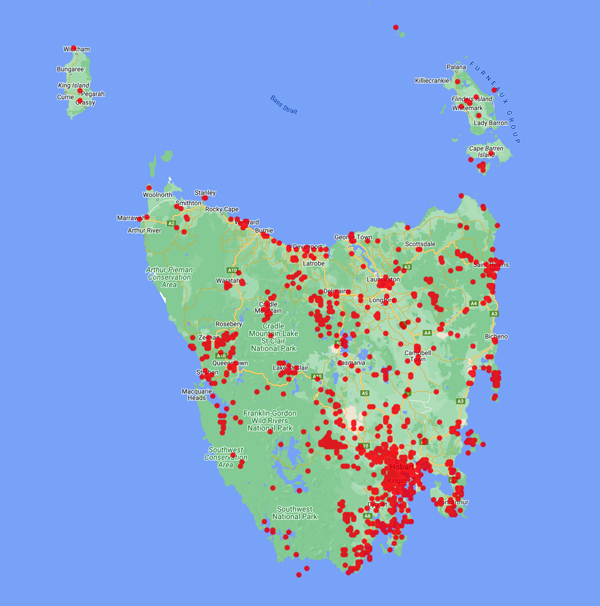 collecting locality map of Tasmania for 'Rodway, L.'