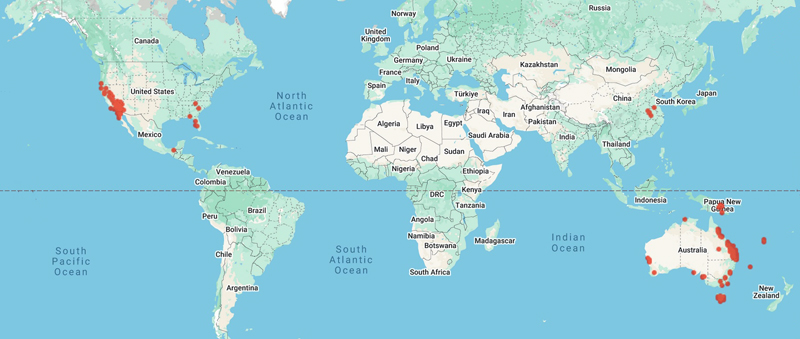 collecting locality world map for 'Thorne, R.F.'