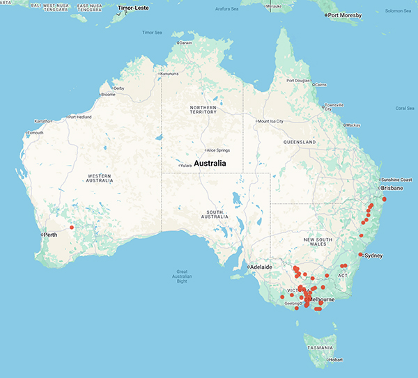 collecting locality map for 'Wright, W.B.' Australia